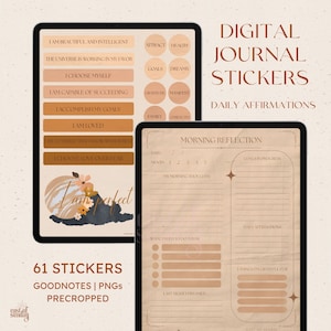 May include: A set of 61 digital journal stickers for Goodnotes, featuring daily affirmations and morning reflection prompts. The stickers are pre-cropped and have a warm, earthy color palette with illustrations of pumpkins and flowers.