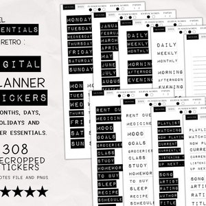 Puede incluir: Un conjunto de 308 pegatinas de planificador digital en blanco y negro para Goodnotes y archivos PNG. Las pegatinas incluyen meses, días, festivos y otros elementos esenciales. Las pegatinas están precortadas y listas para usar.