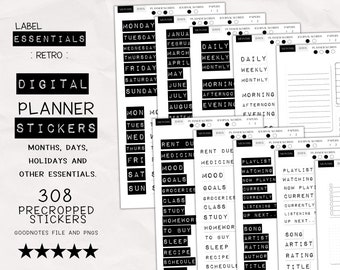 Retro Label Maker Digital Stickers, 300 Digital Planner Stickers, Precropped Goodnotes Stickers, Daily Planner Text Widgets, Notability Dymo