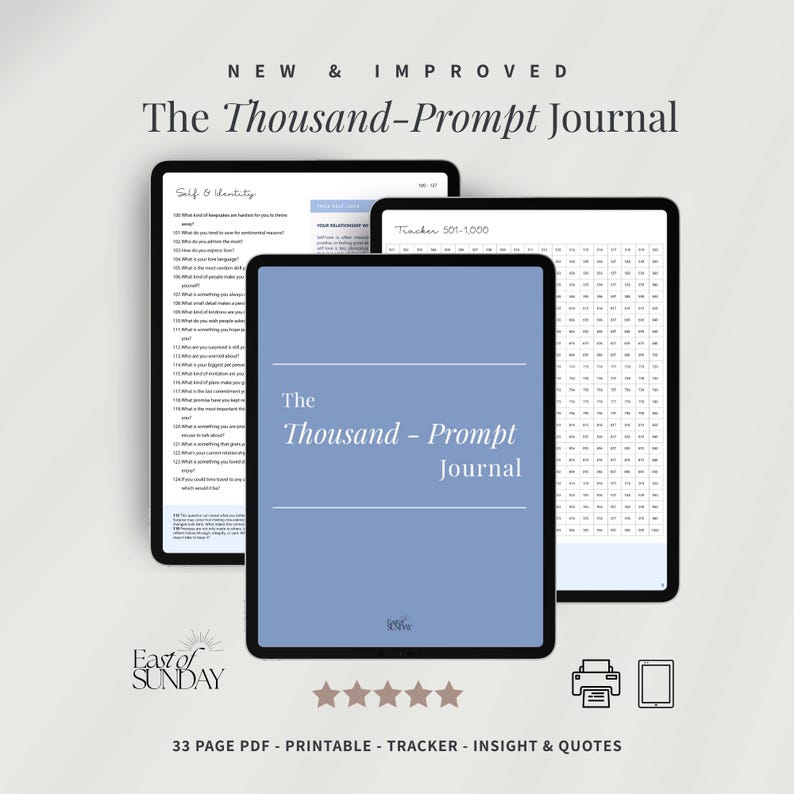 May include: A digital journal titled "The Thousand-Prompt Journal" is displayed on three tablets. The journal has a light blue cover with white text. The image also includes the text "NEW & IMPROVED" and "33 PAGE PDF - PRINTABLE - TRACKER - INSIGHT & QUOTES."