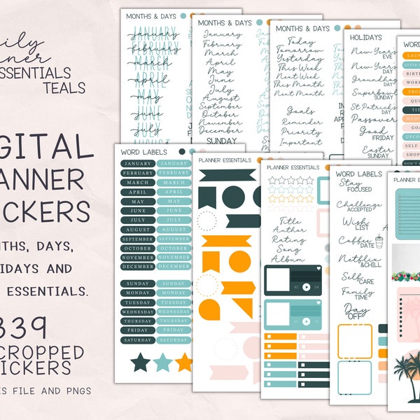 Essential Digital Planner Stickers | 330+ Digital Stickers, Goodnotes Sticker Daily Planner Text Stickers, Sticker Book PNGs, Summer, Teal