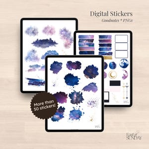 May include: Three digital tablets displaying digital stickers. The stickers feature watercolor designs in shades of blue, purple, and gold. The stickers include cloud shapes, galaxy-themed elements, and celestial designs. Text on the image reads "Digital Stickers" and "More than 50 stickers!"