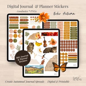 May include: Digital journal and planner stickers with a Boho Autumn theme. The digital stickers include floral elements, cats, a violin, and a butterfly. The stickers are designed for digital journaling and planning.