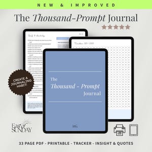 May include: A digital journal titled The Thousand-Prompt Journal with a blue cover, featuring internal pages with self-identity prompts and a tracker for prompts 501-1000. Includes a black starburst badge with the text CREATE A JOURNALING HABIT.