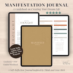 May include: A digital manifestation journal with a gold cover and the words "Manifest Journal." The image also shows a tablet with the text "The Power of Thought" and a dashboard layout. The journal is a guided workbook.