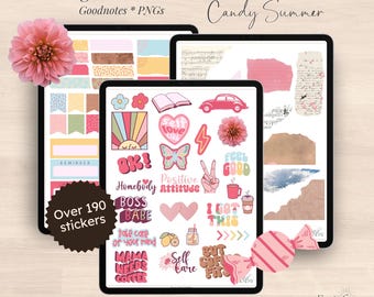 Pegatinas digitales de verano de caramelos / Más de 190 pegatinas para agenda digital, precortadas, con diseño de arcoíris, bonitas y con notas, para iPad