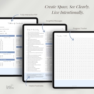 May include: Three digital tablets displaying a journal with the text "Create Space. See Clearly. Live Intentionally." The tablets show a table of contents, journal prompts, and a progress tracker. The journal is a fully interactive PDF.