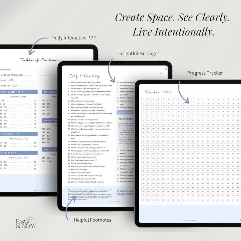 May include: Three digital tablets displaying a journal with the text "Create Space. See Clearly. Live Intentionally." The tablets show a table of contents, journal prompts, and a progress tracker. The journal is a fully interactive PDF.