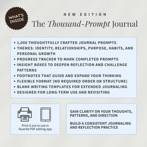 May include: A journal titled "The Thousand-Prompt Journal" with a list of features including 1,000 prompts, themes, a progress tracker, and insight boxes. The journal is designed for long-term use and revisiting. The image also includes the text "New Edition."