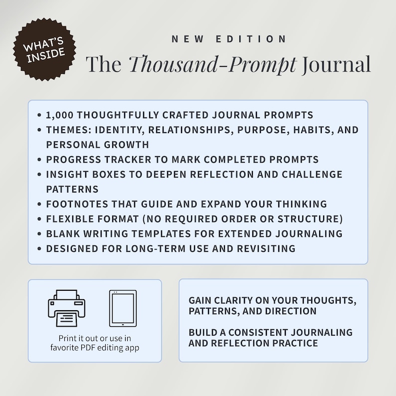 May include: A journal titled "The Thousand-Prompt Journal" with a list of features including 1,000 prompts, themes, a progress tracker, and insight boxes. The journal is designed for long-term use and revisiting. The image also includes the text "New Edition."