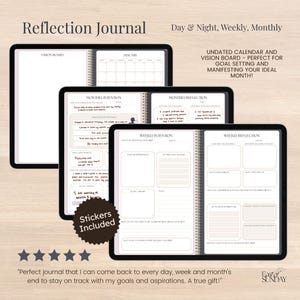 Puede incluir: Un diario de reflexión con calendario sin fecha, tablero de visión y páginas semanales y mensuales de intención y reflexión. El diario incluye pegatinas y está diseñado para la fijación de objetivos y la manifestación. La portada dice "Reflection Journal".