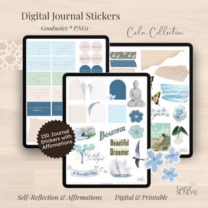 May include: Digital journal stickers with affirmations, a calm collection of digital and printable designs. Includes floral, ocean, and inspirational elements. The stickers are designed for Goodnotes and come in PNG format. The text includes "Beautiful Dreamer" and "A Beautiful Day".