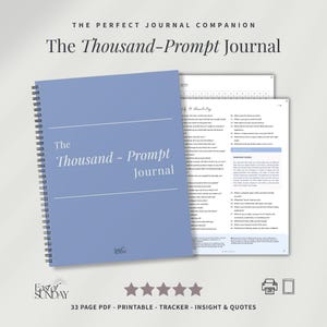 Op de afbeelding: Een blauw spiraalgebonden dagboek getiteld The Thousand-Prompt Journal met witte tekst. De kaft bevat het East of Sunday logo. Daarnaast toont een open pagina een lijst met genummerde schrijfopdrachten onder de kop Self & Identity.