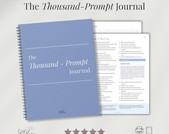Könnte beinhalten: Ein blaues spiralgebundenes Journal mit dem Titel The Thousand-Prompt Journal in weißer Schrift. Das Cover zeigt das East of Sunday Logo. Daneben zeigt eine offene Seite eine Liste nummerierter Schreibimpulse unter der Überschrift Self & Identity.