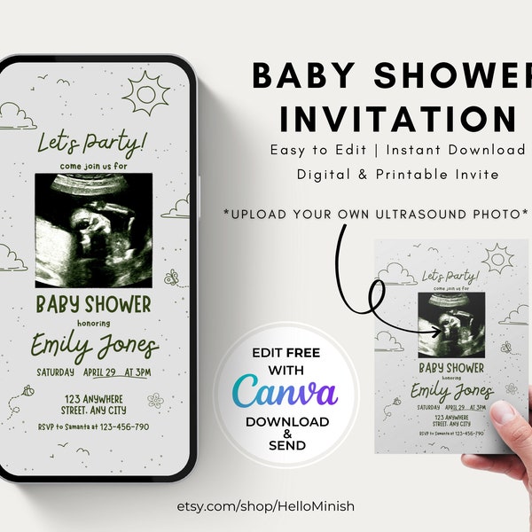 Baby Shower Invitation with Ultrasound Photo, Digital Baby Shower Invite, Cute Doodle Baby Shower Photo Evite, Diy Template Instant Download