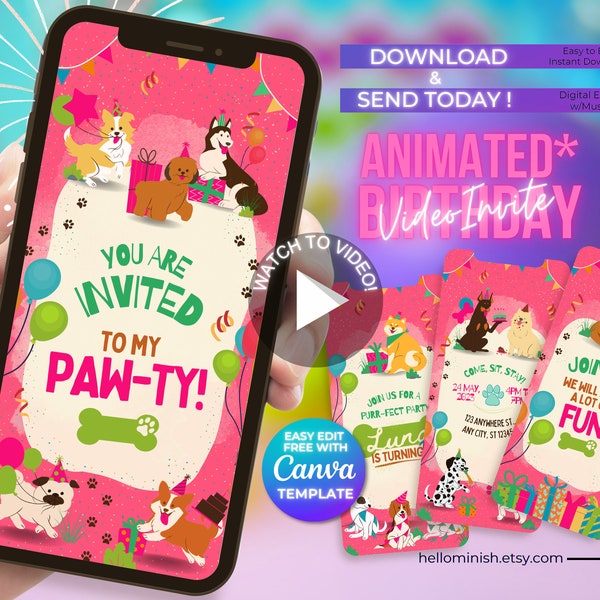 Invitación en video de cumpleaños de Pink Puppy / Personalizable y divertida / Descarga instantánea / Amantes de los perros / Evite / Compatible con dispositivos móviles / #PinkPuppyParty