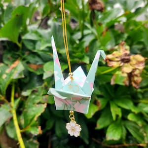 Large Turquoise Sakura Origami Crane ornament. Car charm, Japanese paper crane, hanging decor. Lucky charm|gifts. Cherry Blossom.
