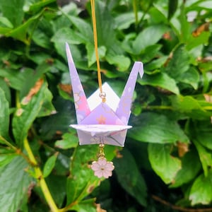 Large Purple Sakura Origami Crane ornament. Car charm, Japanese paper crane, hanging decor. Lucky charm, gifts, ornaments. Cherry Blossom.
