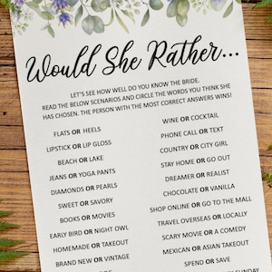 Jeu de douche nuptiale de mariage floral IMPRIMÉ | Mariée ou marié | Aurait-elle plutôt | Mélanger et assortir | Imprimé | Carte de jeu