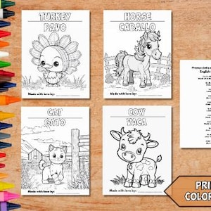 Libro bilingüe para colorear y aprender sobre el granero / Descarga digital para niños / Actividades divertidas con animales de granja en inglés y español