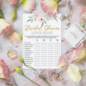 Juego de despedida de soltera de boda floral beige IMPRESO / Novia o novio / Cuestionario de amor / Mezclar y combinar / Impreso / Tarjeta de juego