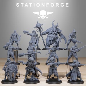 May include: A set of 11 grey plastic miniature figures, including a large, grotesque figure with a horned headdress and a clawed hand. The figures are posed in various action stances and appear to be fantasy or sci-fi characters. The figures are all standing on round bases.