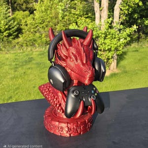 May include: A red dragon-shaped stand for a gaming headset and controller. The dragon has horns and holds a black headset and a black Xbox controller. The stand is on a dark surface with a green background.