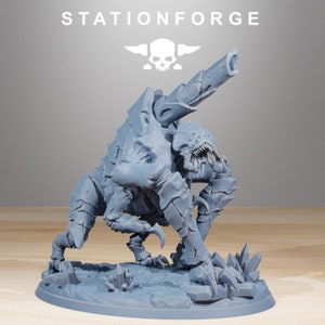 May include: A grey, detailed, 3D printed miniature of a creature with a large cannon on its back. The creature has a menacing expression and sharp claws. The miniature is standing on a circular base with a textured surface.