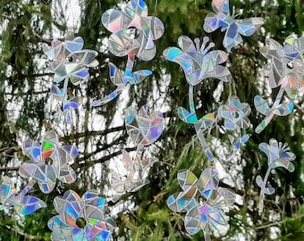 Spring Flowers Prism Window Clings~Set of 10~Helps Prevent Bird Strikes~Static Cling Suncatcher~No Residue~Rainbow Maker Window Decoration