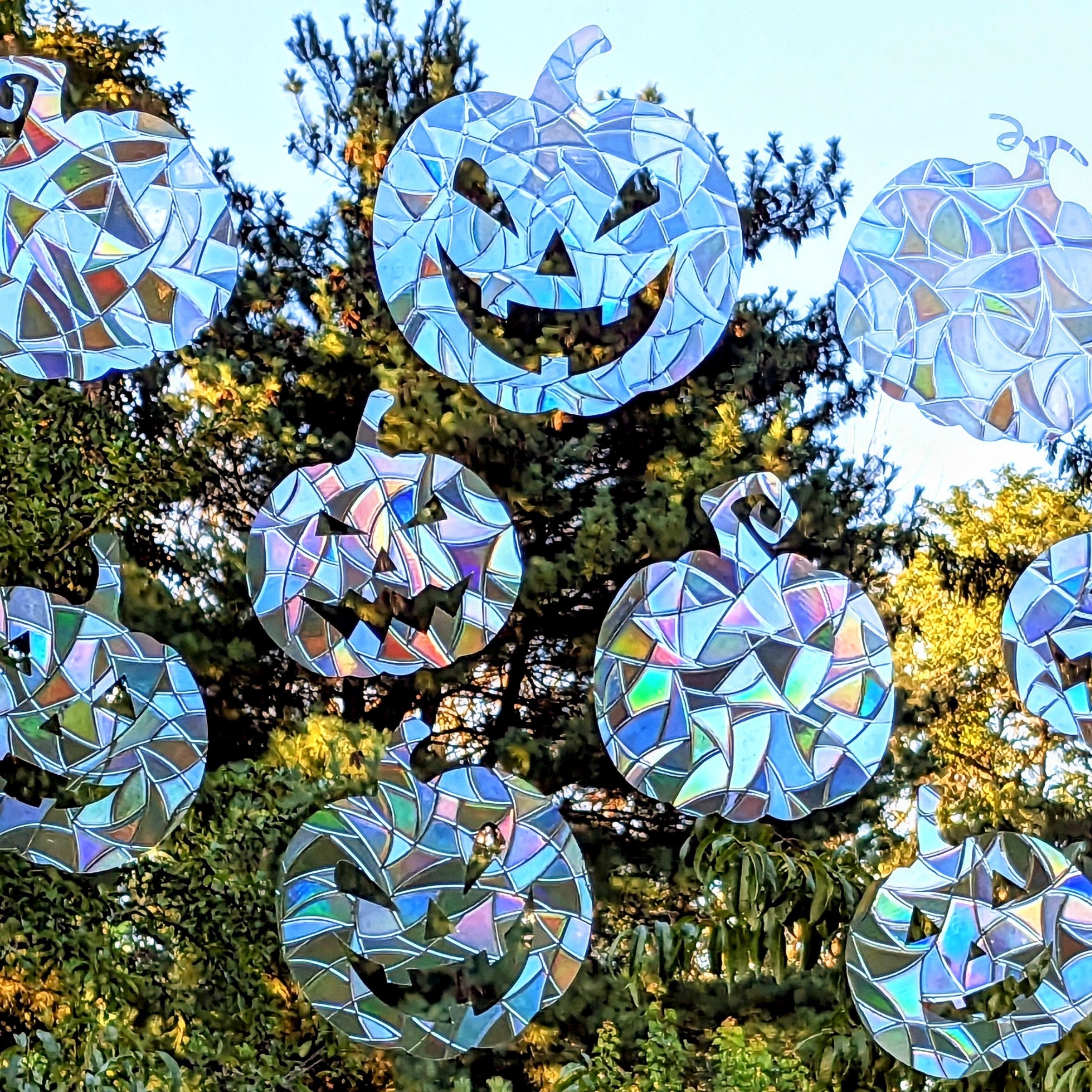 Halloween Pumpkin Window Clings~Set of 9~Bird Strike Prevention~Static Cling~No Residue~Prisms~Jack-o-Lanterns~Halloween Window Decorations