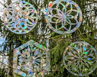 Mandala Prism Window Clings~Set of 4~Help Prevent Bird Strikes~Static Cling No Residue~Prism Suncatcher~Rainbow Maker Window Decoration