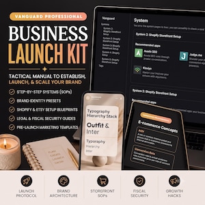 May include: A digital business launch kit display featuring a laptop, smartphone, and tablet showing e-commerce systems, Shopify setup, and typography hierarchy. Includes a notebook, pen, and candle, with text labels for launch protocol and growth hacks.