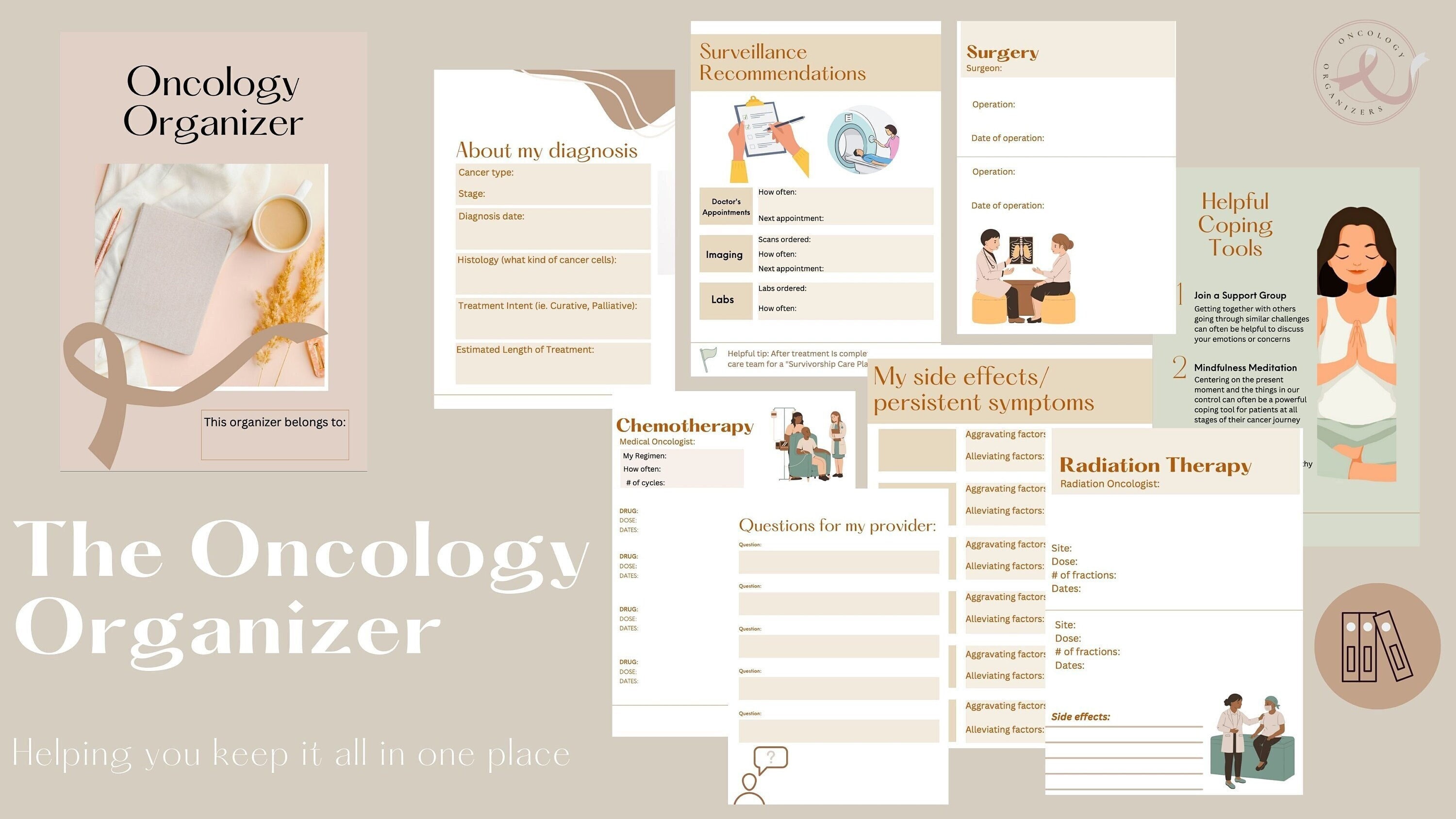 Oncology Organizer - Sandy Shores | Cancer Treatment | Cancer Planner | Medical Log | Caregiver Organize | Digital Download Printable Guide