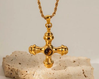 Gold Cross Necklace, Chunky Italian Cross Pendant Necklace, Religious Cross Men Women Necklace, Rosary Pendant, Spiritual Gift, Matching Set