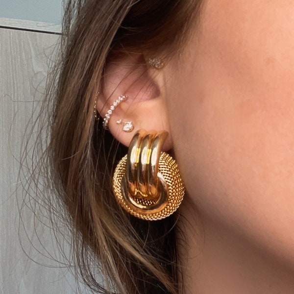 Large Gold Knot Earrings, Chunky Mini Knot Hoops, Big Bold Statement Earrings for Women, Oversized Studs, Statement Jewelry for Her