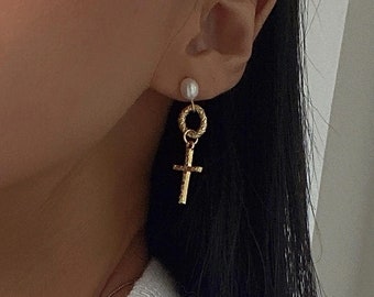 Gold Filled Cross Earrings, Cross Earrings, Gold  Pearl Earrings for Women, Dangle Drop Earrings, Bridal Jewelry, Minimalist Jewelry