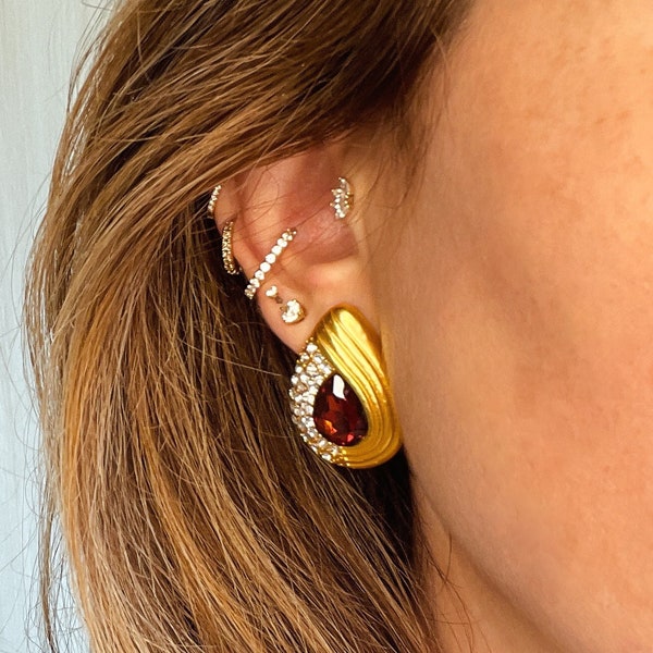 Gold Tear Drop Garnet Earrings, Water Drop Studs, Statement Earring, Bold Earrings for Her, Lightweight Earrings, Chunky Large Earring