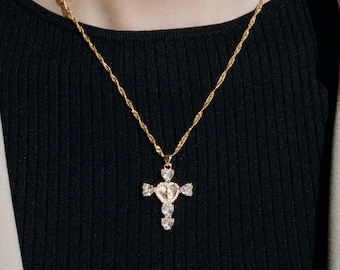 Crystal Cross Pendant, Big Cross Necklace, Stacking Necklace for Women, Gold Statement Necklace, Bold Jewelry for Women, Chunky Charm