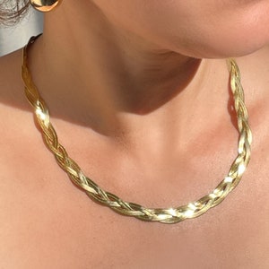 Gold Braided Collar Necklace, Big Gold Twisted Herringbone Necklace, Vintage Necklace, 90s Jewelry for Women, Chunky Choker, Gift for Her image 2