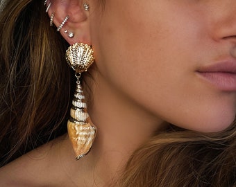Boucles d'oreilles pendantes gros coquillages, boucles d'oreilles surdimensionnées en or coquillages, bijoux en coquillages pour femme, grosses gouttes, cadeau pour elle, bijoux tendance