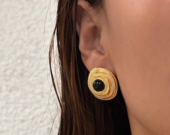 Large Circle Agate Stone Studs, Vintage Round Gold Earrings, Bold Stud Earrings for Her, Geometric Earrings, Irregular Chunky Drop Studs