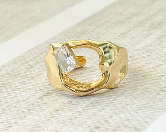 Gold Vermeil CZ Ring, Unregelmäßiger Band Ring, Zigarren Ring für Frauen, Sterling Silber Ring, Minimal Schmuck für Frauen