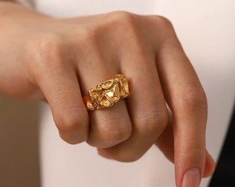 18k Gold Nugget Ring, Hammered Ring, Chunky Statement Ring, Molten Gold Ring , Gift for Girlfriend, Geometric Jewelry for Women, Dome Ring
