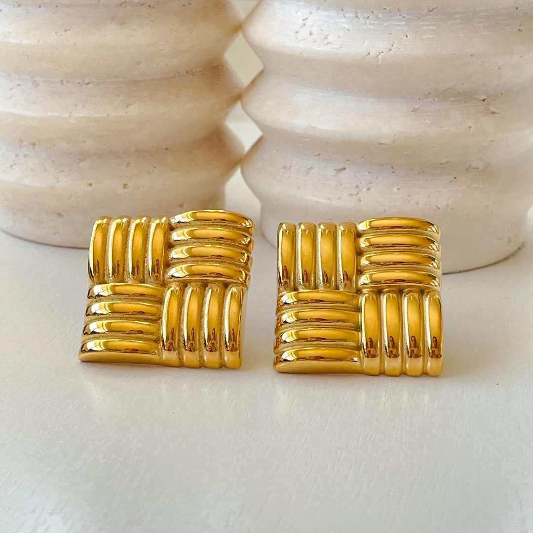 Big Gold Square Earrings, Chunky Gold Geometric Earrings, 90s Abstract ...