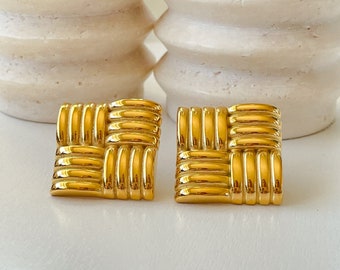 Big Gold Square Earrings, Chunky Gold Geometric Earrings, 90s Abstract Statement Jewelry, Large Bold Studs, Earring for Her, Gift for Women