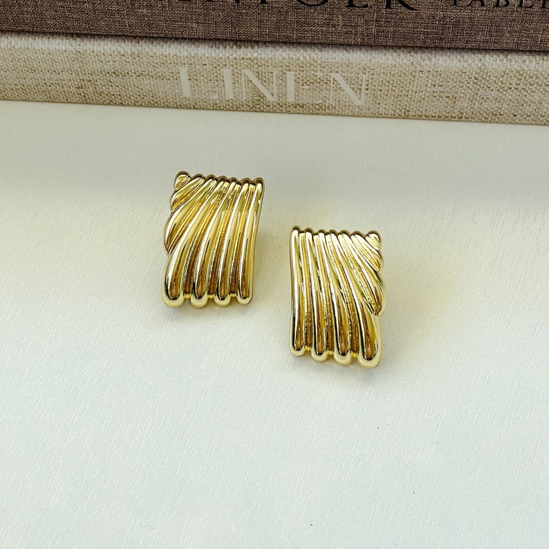 Gold Rectangle Earrings, Chunky Gold Geometric Earrings, Abstract Statement Jewelry, Vintage Bold Stud, Drop Earring for Her, Gift for Women image 1