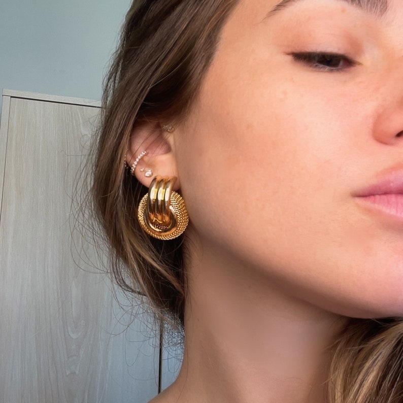Large Gold Knot Earrings, Chunky Mini Knot Hoops, Big Bold Statement Earrings for Women, Oversized Studs, Statement Jewelry for Her image 1