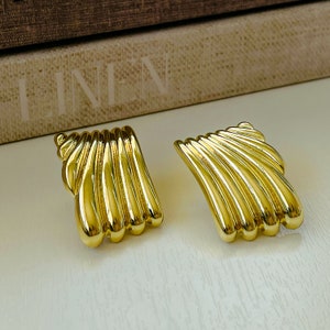 Gold Chunky Square Stud Earrings For Women - Geometric Textured Vintage Statement Jewelry, 18k Gold Plated - View #5