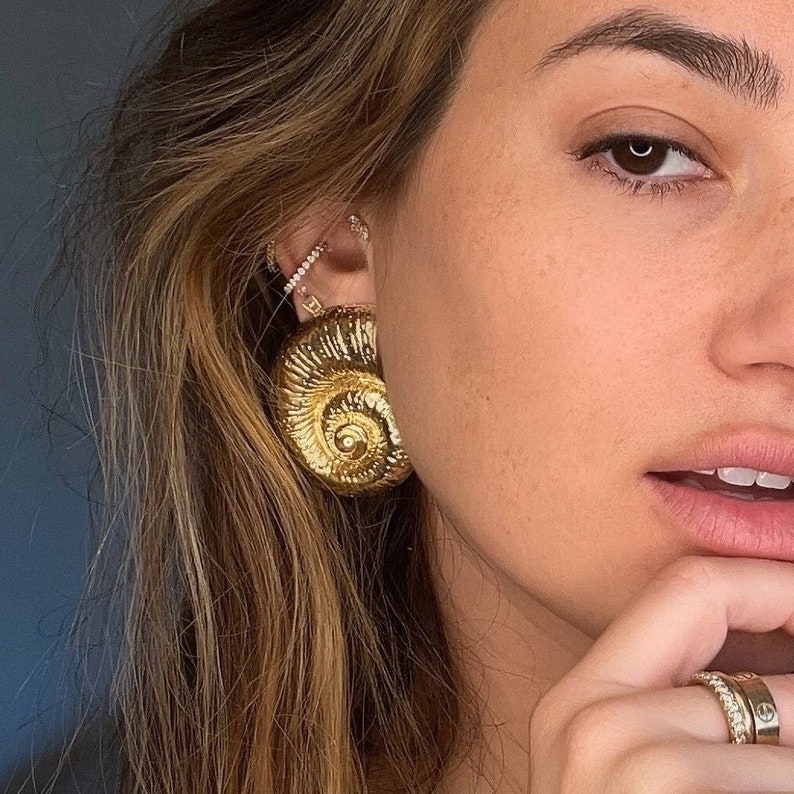 Big Nautilus Shell Earrings Gold, Large Silver Stud Earrings, Oversized Conch Earring, Seashell Drop Earrings, Statement Jewelry for Women image 1