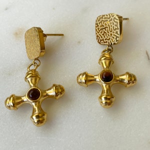 18k Gold Cross Earrings, Thick Cross Earrings, Tiny Cross Earrings, Small Statement Earring, Dangle Drop Earrings for Women, Gift for Her